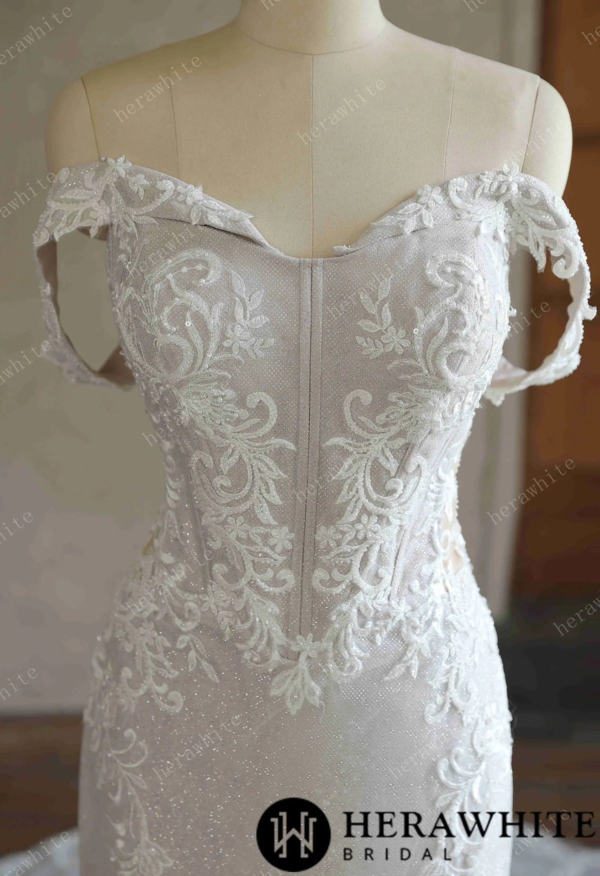 Off-the-Shoulder Sequin Lace Fit-and-Flare Wedding Gown With Lotus Train HW3642