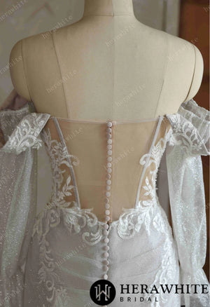 Off-the-Shoulder Sequin Lace Fit-and-Flare Wedding Gown With Lotus Train HW3642