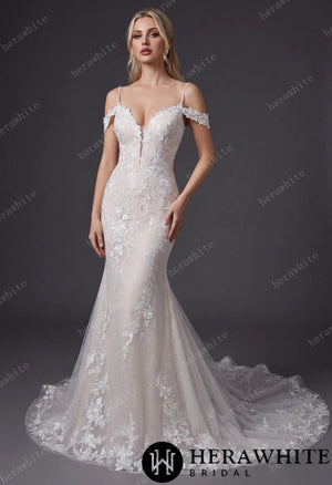 V-Neck Lace Mermaid Wedding Dress With Spaghetti Straps HW3643