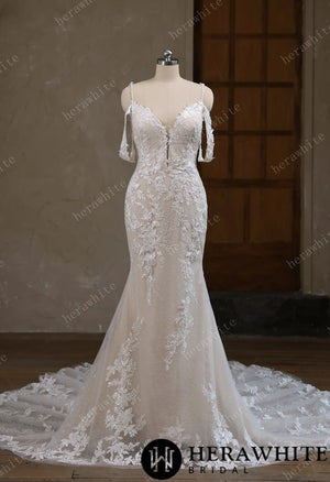 V-Neck Lace Mermaid Wedding Dress With Spaghetti Straps HW3643
