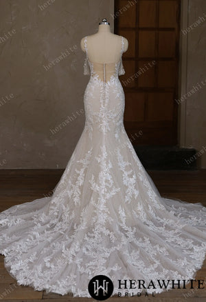 V-Neck Lace Mermaid Wedding Dress With Spaghetti Straps HW3643