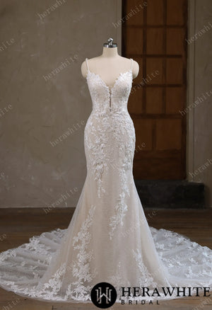V-Neck Lace Mermaid Wedding Dress With Spaghetti Straps HW3643