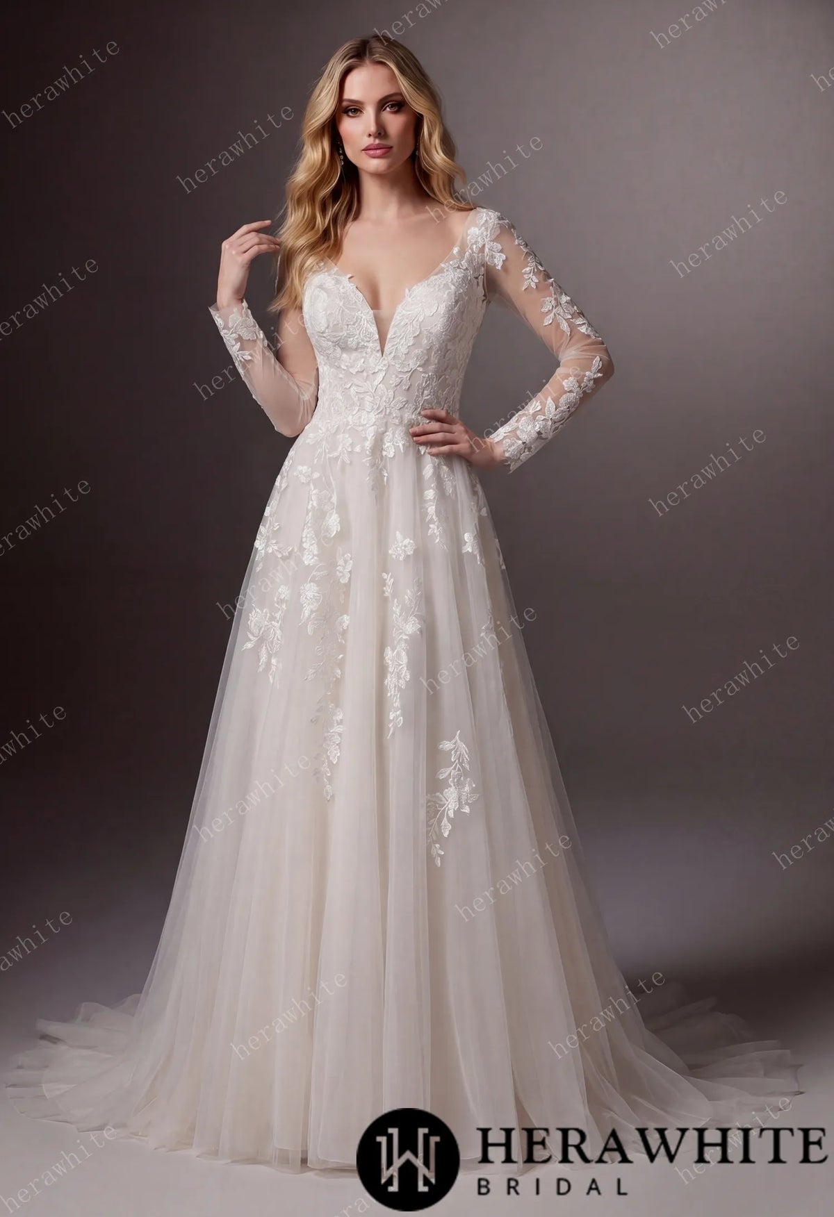 V-Neck Lace A-Line Wedding Gown With Long Sleeves HW3644