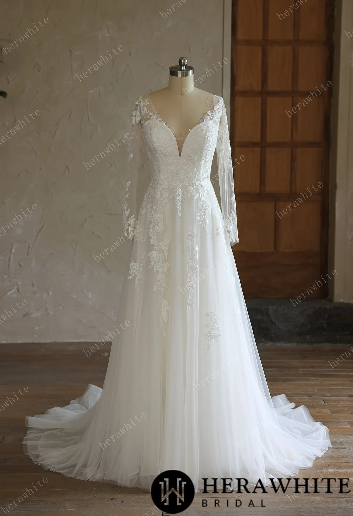 V-Neck Lace A-Line Wedding Gown With Long Sleeves HW3644