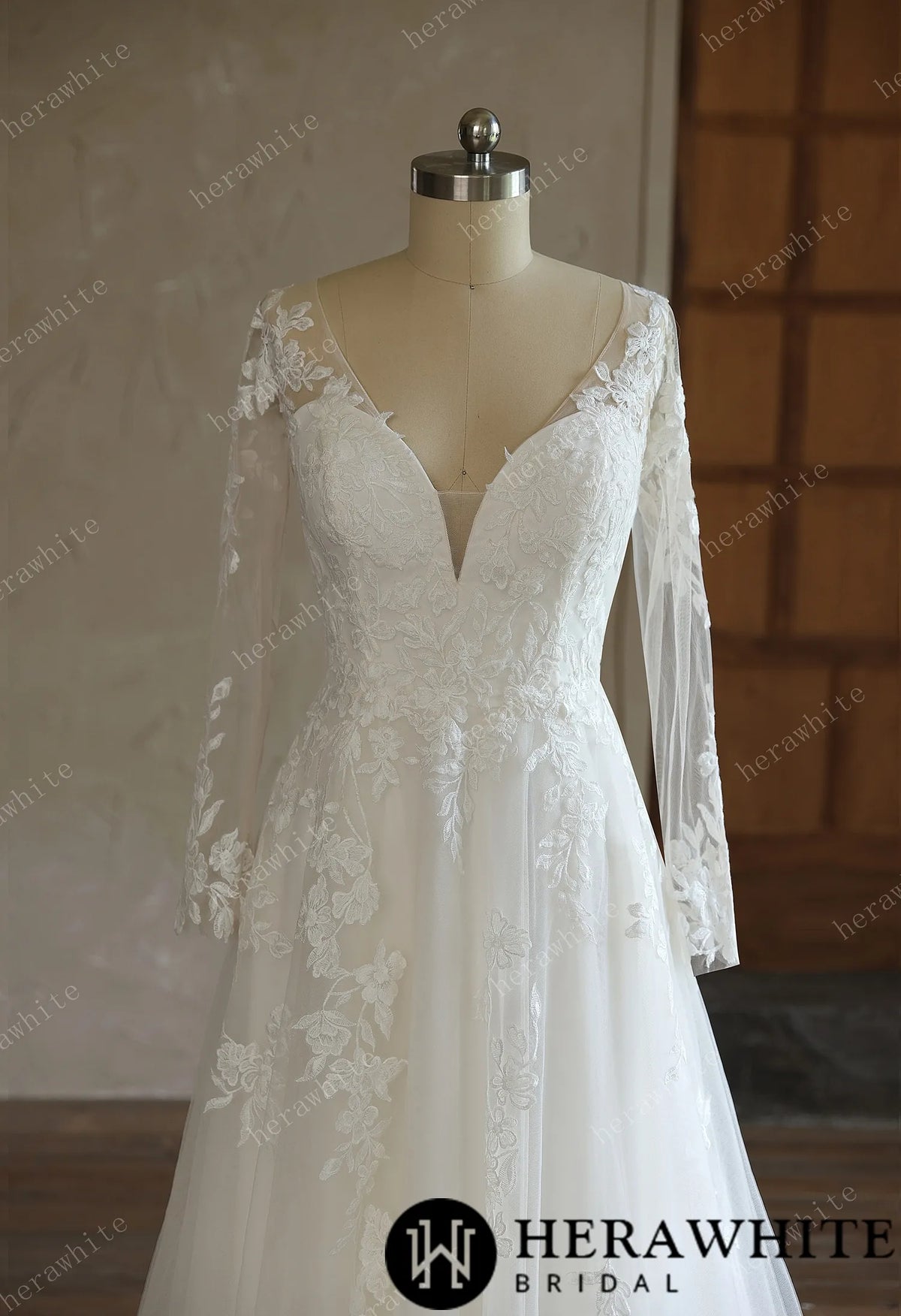 V-Neck Lace A-Line Wedding Gown With Long Sleeves HW3644