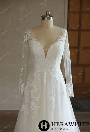 V-Neck Lace A-Line Wedding Gown With Long Sleeves HW3644