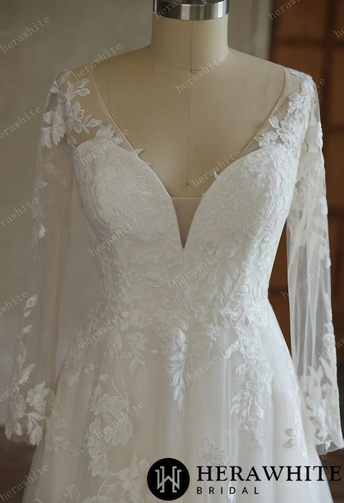V-Neck Lace A-Line Wedding Gown With Long Sleeves HW3644