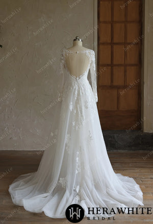 V-Neck Lace A-Line Wedding Gown With Long Sleeves HW3644