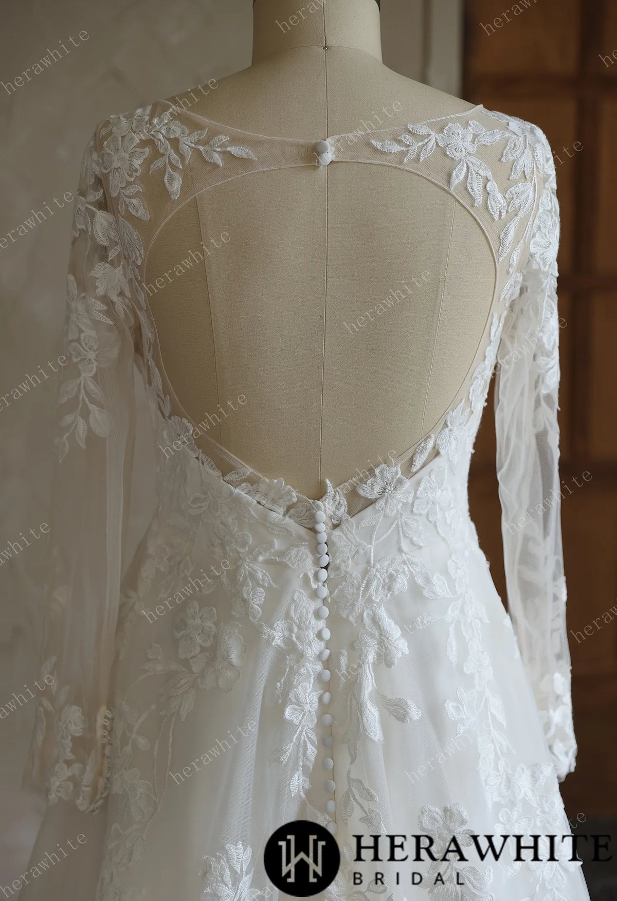 V-Neck Lace A-Line Wedding Gown With Long Sleeves HW3644