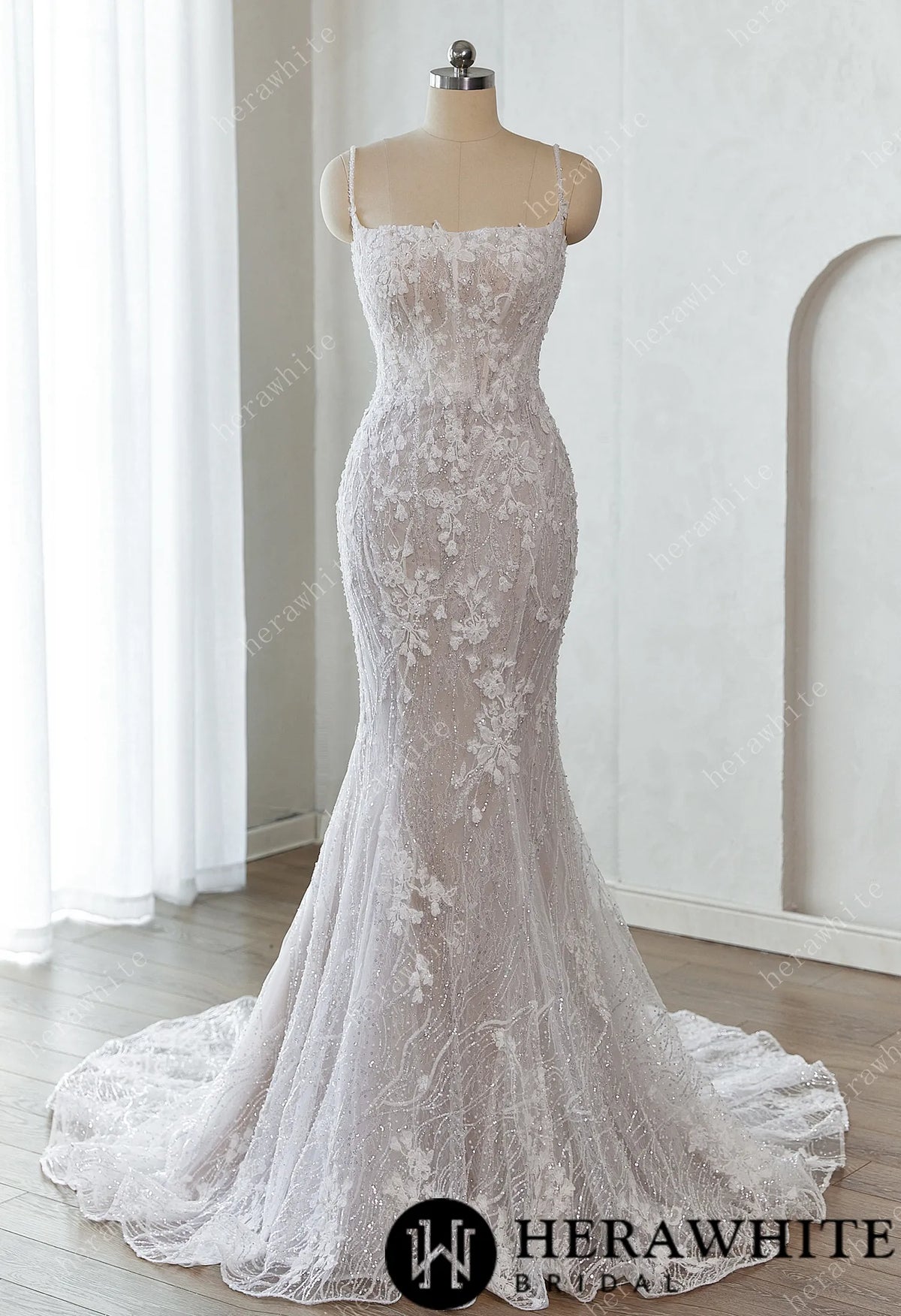 Lace-Embellished Scoop Neckline and Spaghetti Straps Fit and Flare Wedding Dress HW3659