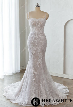 Lace-Embellished Scoop Neckline and Spaghetti Straps Fit and Flare Wedding Dress HW3659