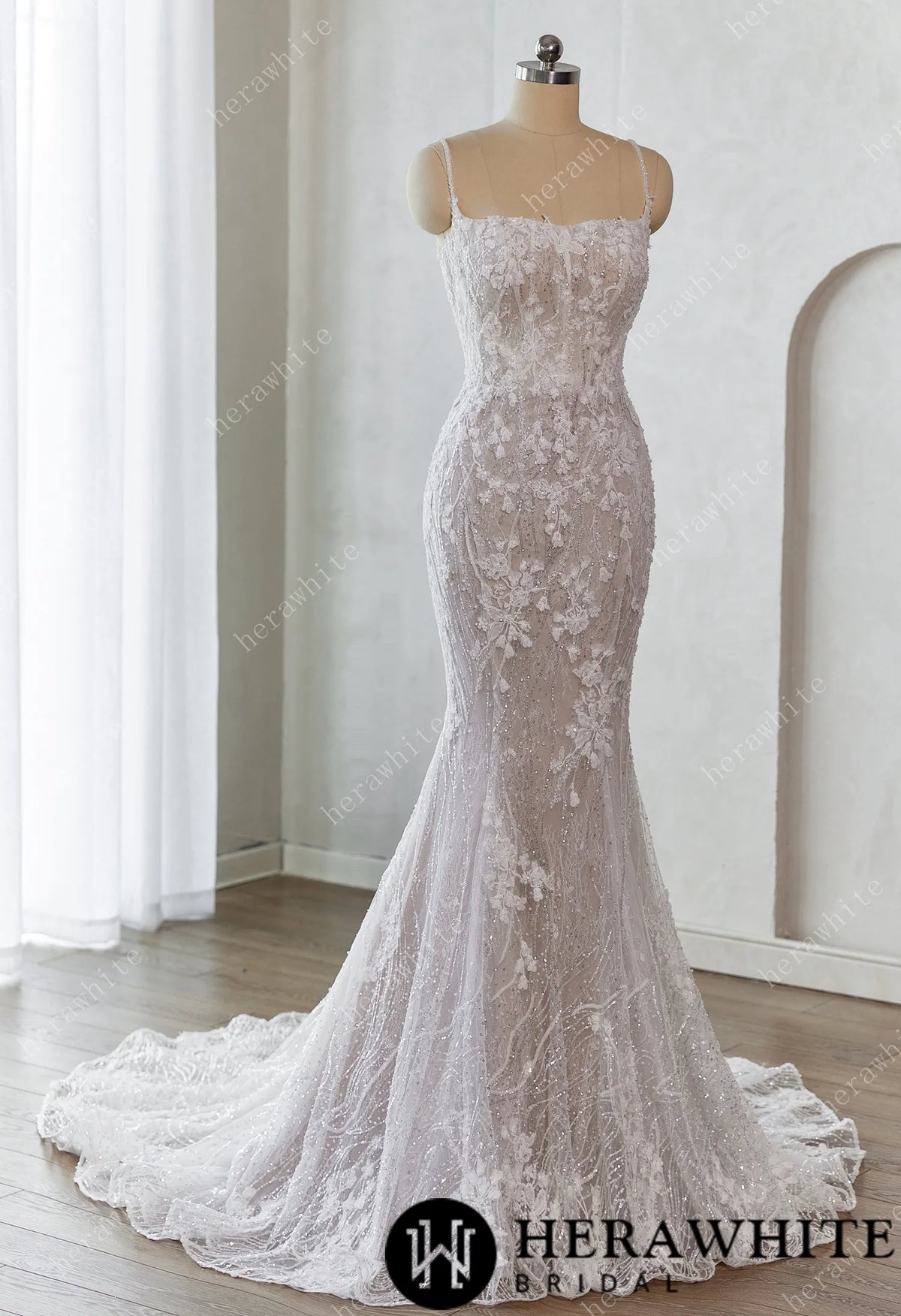 Lace-Embellished Scoop Neckline and Spaghetti Straps Fit and Flare Wedding Dress HW3659
