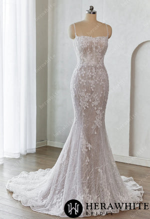 Lace-Embellished Scoop Neckline and Spaghetti Straps Fit and Flare Wedding Dress HW3659