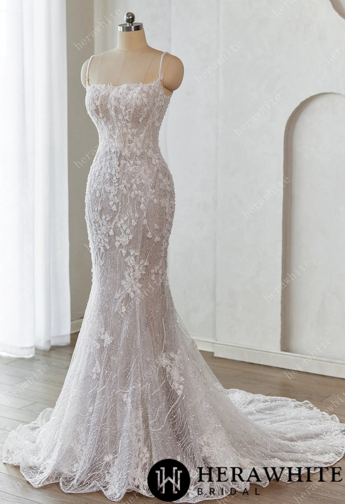 Lace-Embellished Scoop Neckline and Spaghetti Straps Fit and Flare Wedding Dress HW3659