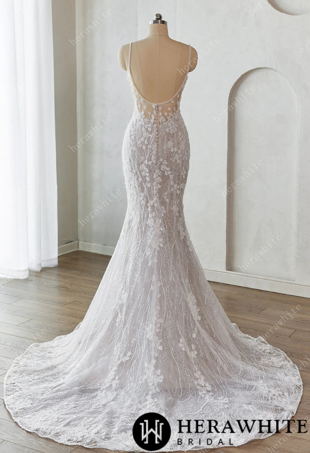 Lace-Embellished Scoop Neckline and Spaghetti Straps Fit and Flare Wedding Dress HW3659