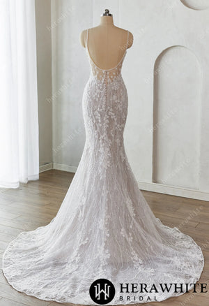 Lace-Embellished Scoop Neckline and Spaghetti Straps Fit and Flare Wedding Dress HW3659