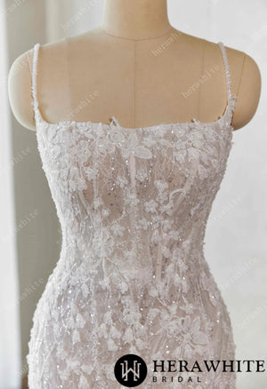 Lace-Embellished Scoop Neckline and Spaghetti Straps Fit and Flare Wedding Dress HW3659