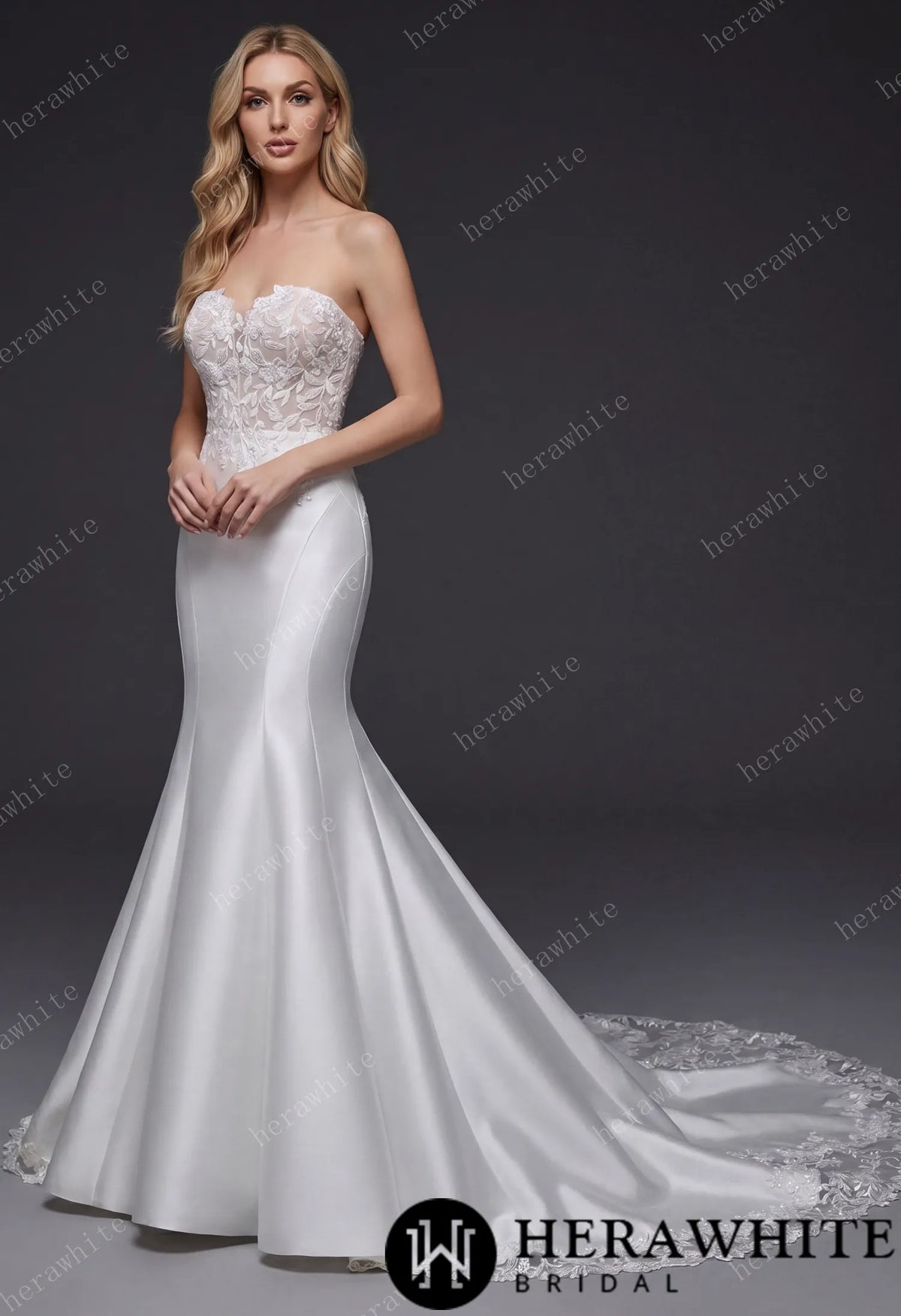 Satin Lace Mermaid Wedding Gown With Sweetheart Neckline HW3664
