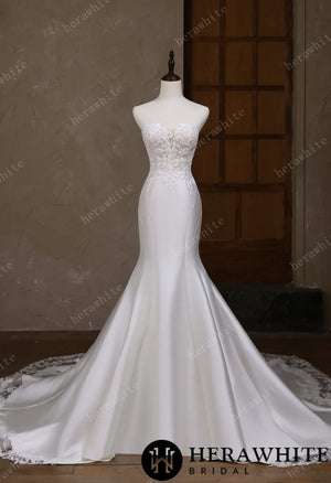 Satin Lace Mermaid Wedding Gown With Sweetheart Neckline HW3664