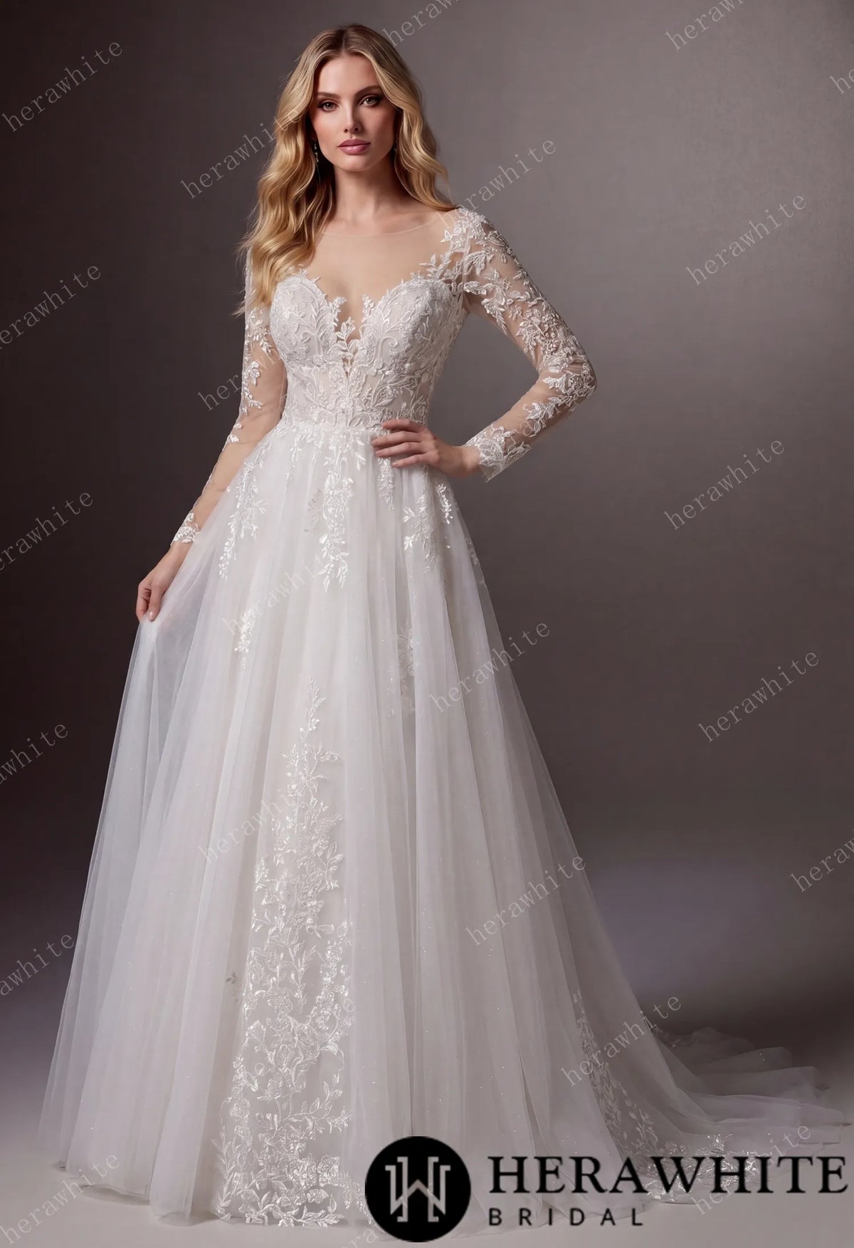 V-Neck Lace A-Line Wedding Gown With Illusion Long Sleeves HW3666