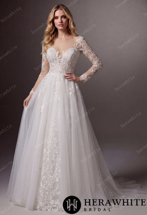 V-Neck Lace A-Line Wedding Gown With Illusion Long Sleeves HW3666
