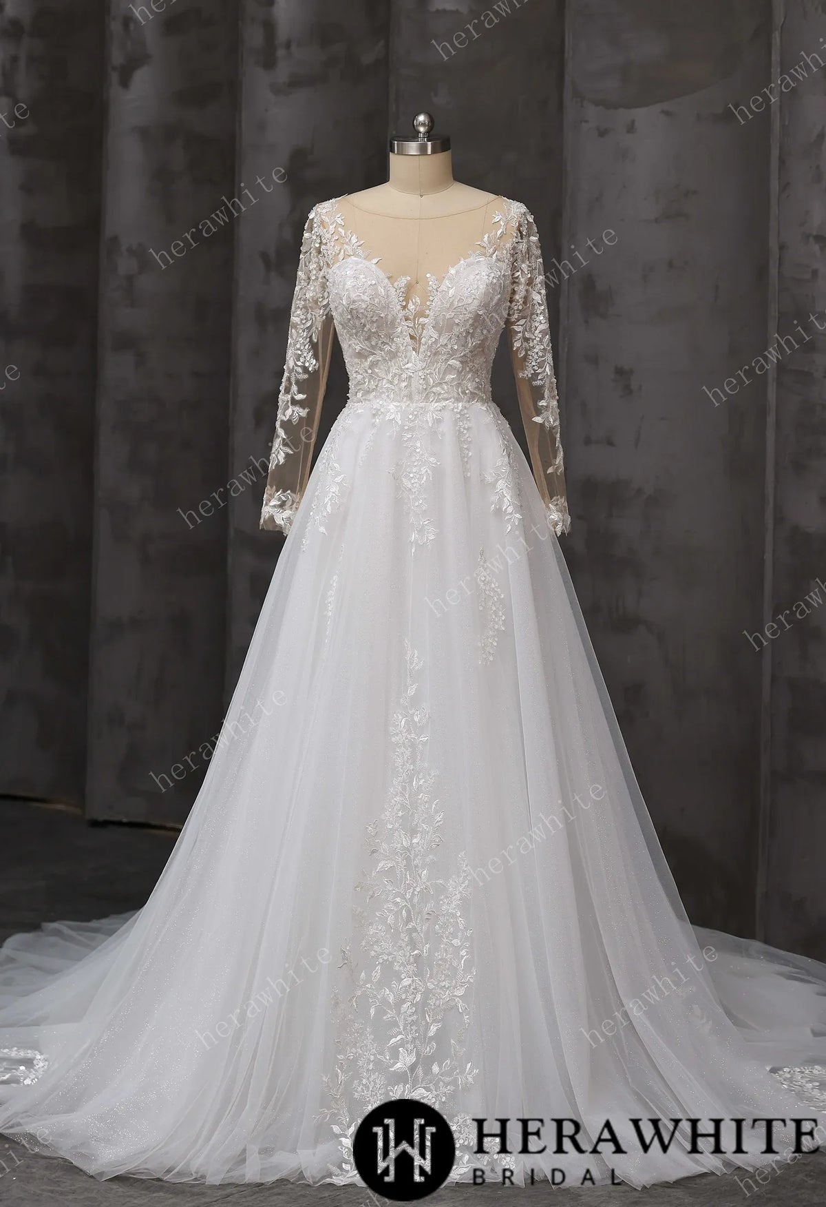 V-Neck Lace A-Line Wedding Gown With Illusion Long Sleeves HW3666