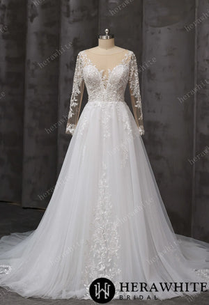 V-Neck Lace A-Line Wedding Gown With Illusion Long Sleeves HW3666