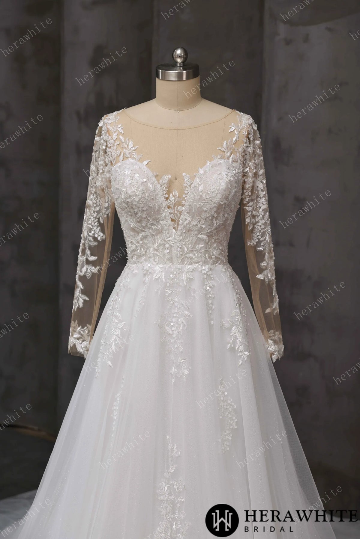 V-Neck Lace A-Line Wedding Gown With Illusion Long Sleeves HW3666