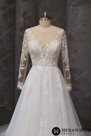 V-Neck Lace A-Line Wedding Gown With Illusion Long Sleeves HW3666