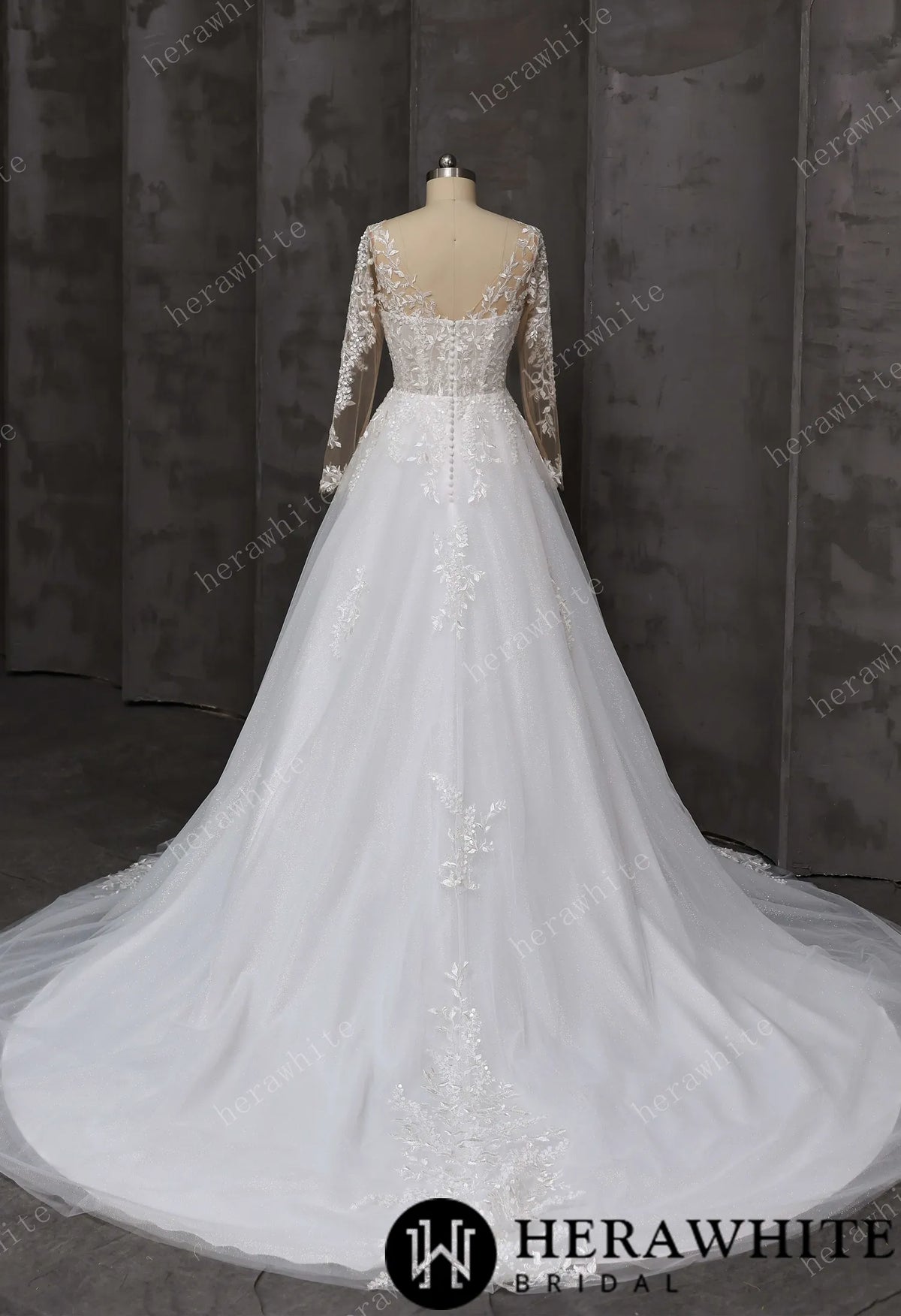 V-Neck Lace A-Line Wedding Gown With Illusion Long Sleeves HW3666
