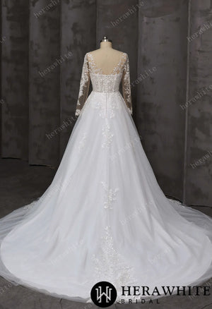 V-Neck Lace A-Line Wedding Gown With Illusion Long Sleeves HW3666