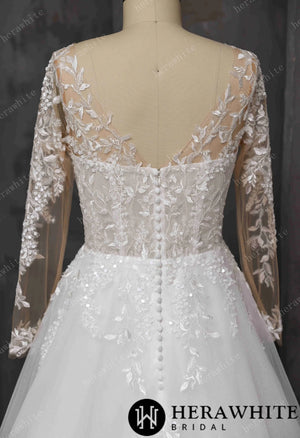 V-Neck Lace A-Line Wedding Gown With Illusion Long Sleeves HW3666