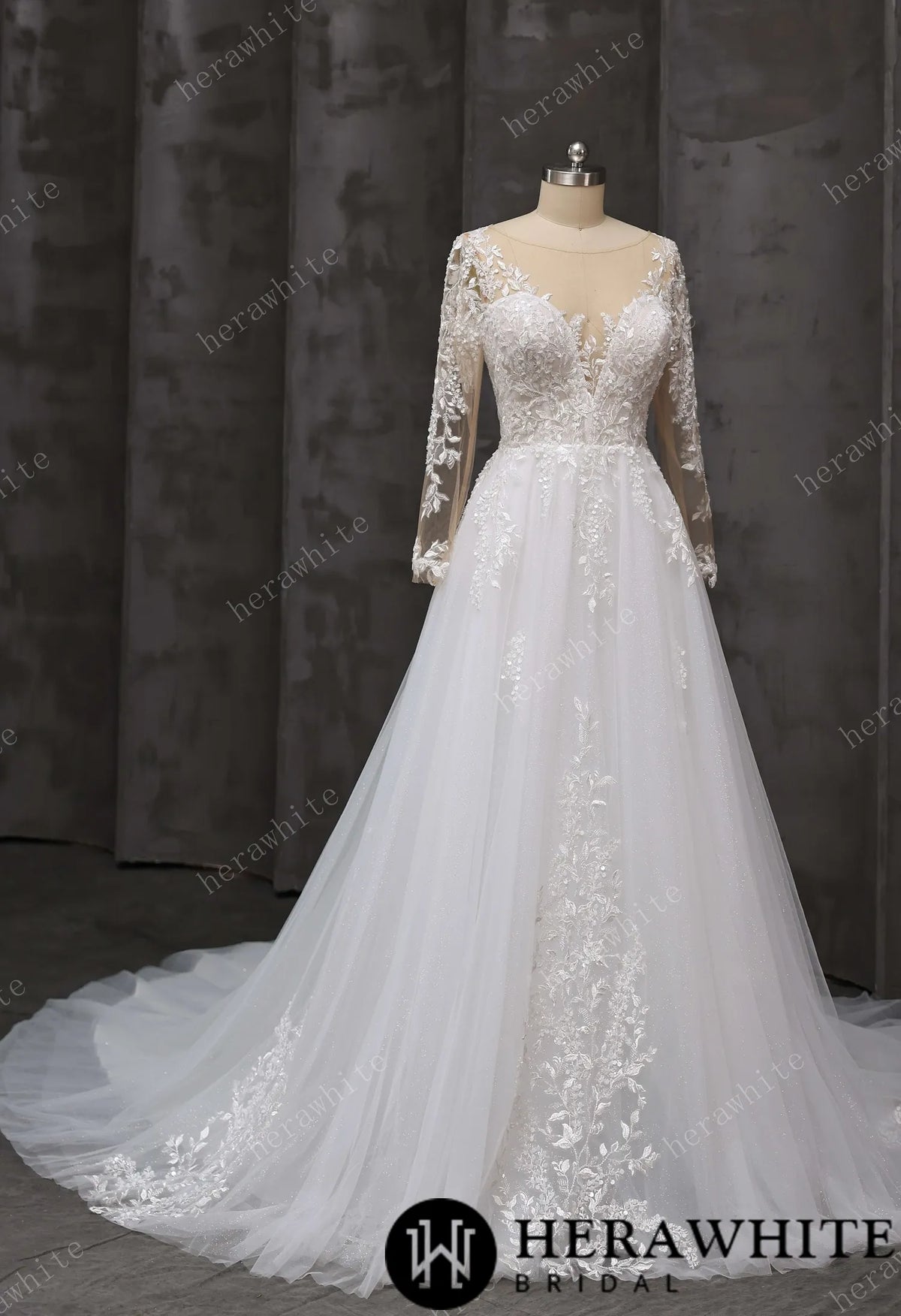 V-Neck Lace A-Line Wedding Gown With Illusion Long Sleeves HW3666
