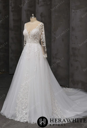 V-Neck Lace A-Line Wedding Gown With Illusion Long Sleeves HW3666