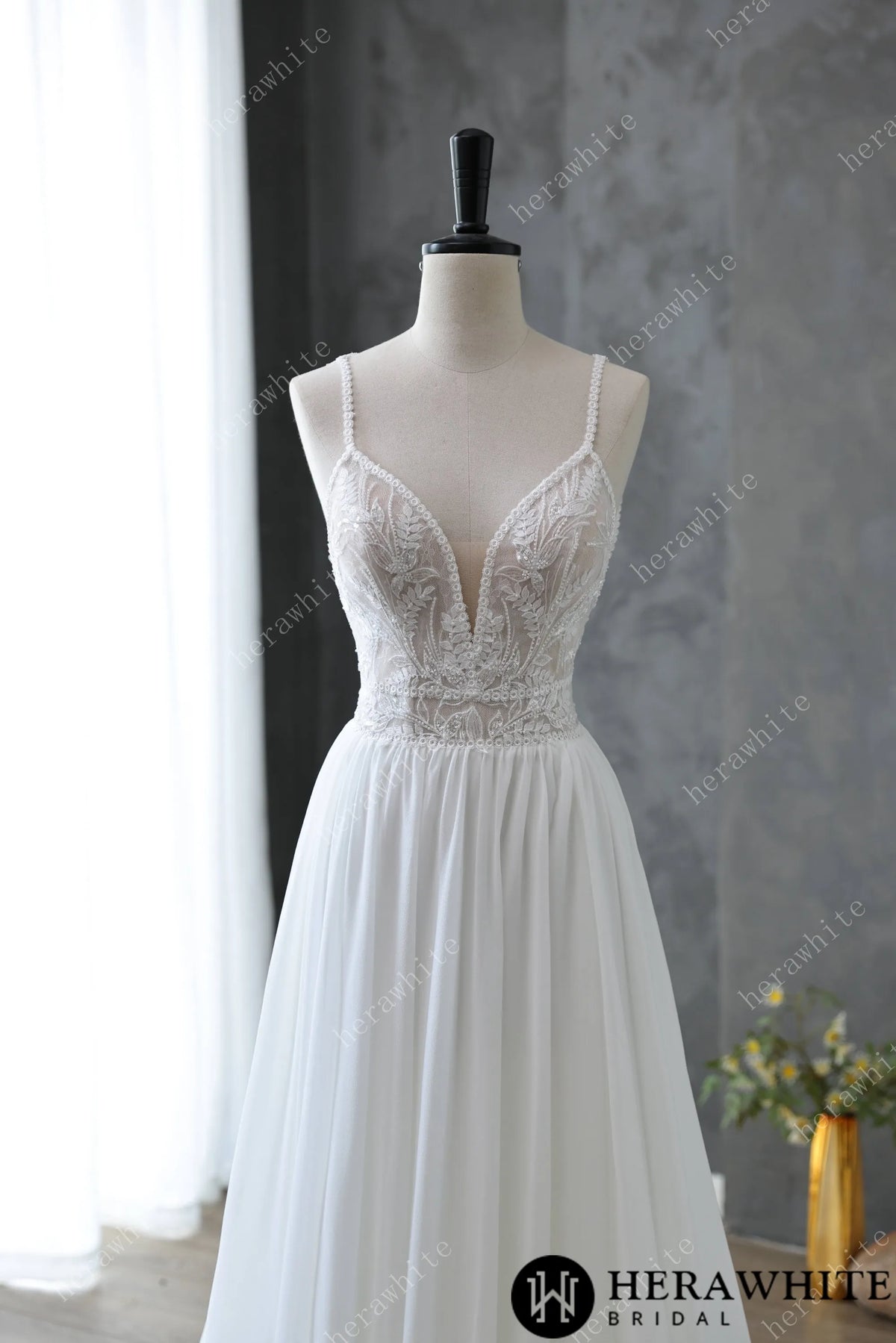 Spaghetti Strap Illusion Neckline with Flowing Chiffon Wedding Dress HW3669