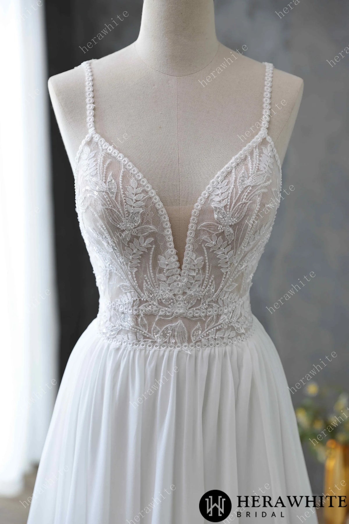 Spaghetti Strap Illusion Neckline with Flowing Chiffon Wedding Dress HW3669