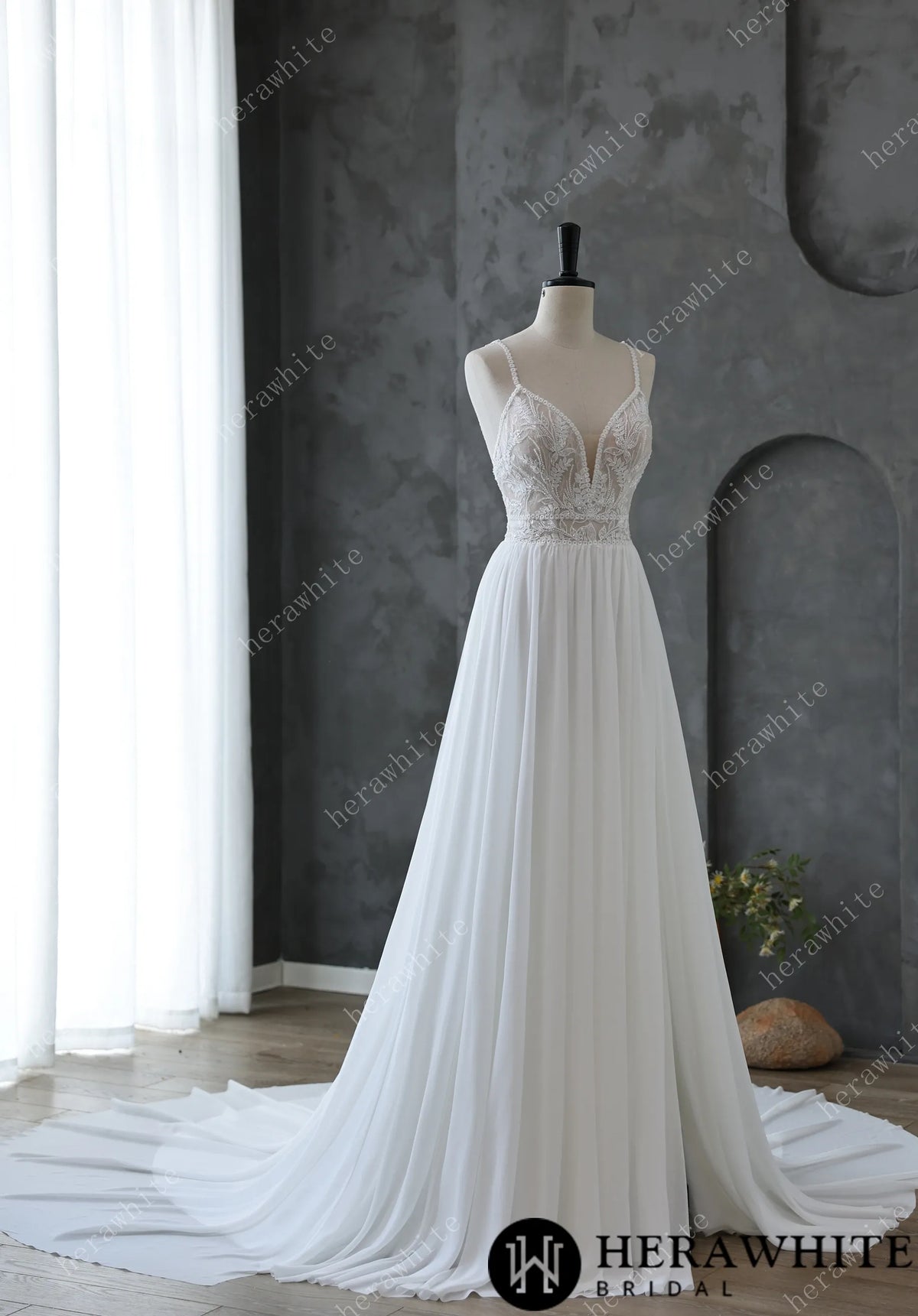 Spaghetti Strap Illusion Neckline with Flowing Chiffon Wedding Dress HW3669