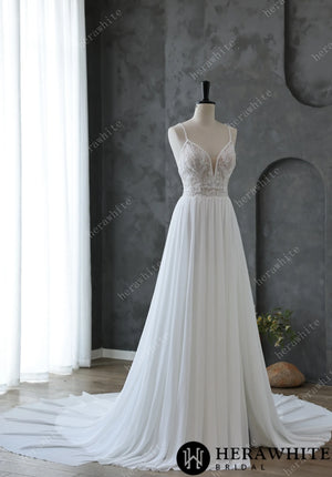Spaghetti Strap Illusion Neckline with Flowing Chiffon Wedding Dress HW3669