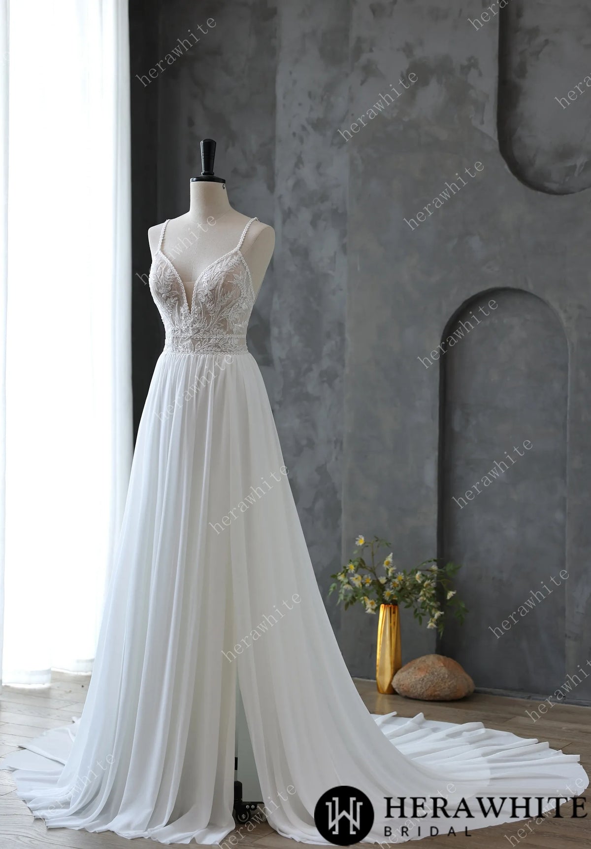 Spaghetti Strap Illusion Neckline with Flowing Chiffon Wedding Dress HW3669