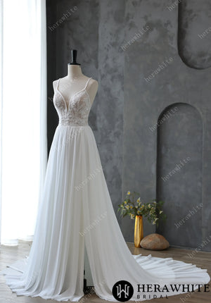 Spaghetti Strap Illusion Neckline with Flowing Chiffon Wedding Dress HW3669