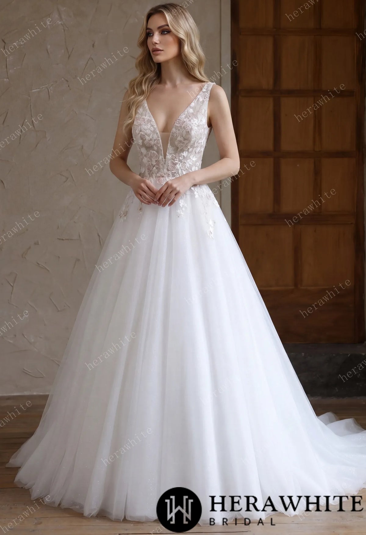 Colourful Lace Ball Gown With Plunging V-Neckline & Straps HW3693