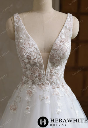 Colourful Lace Ball Gown With Plunging V-Neckline & Straps HW3693