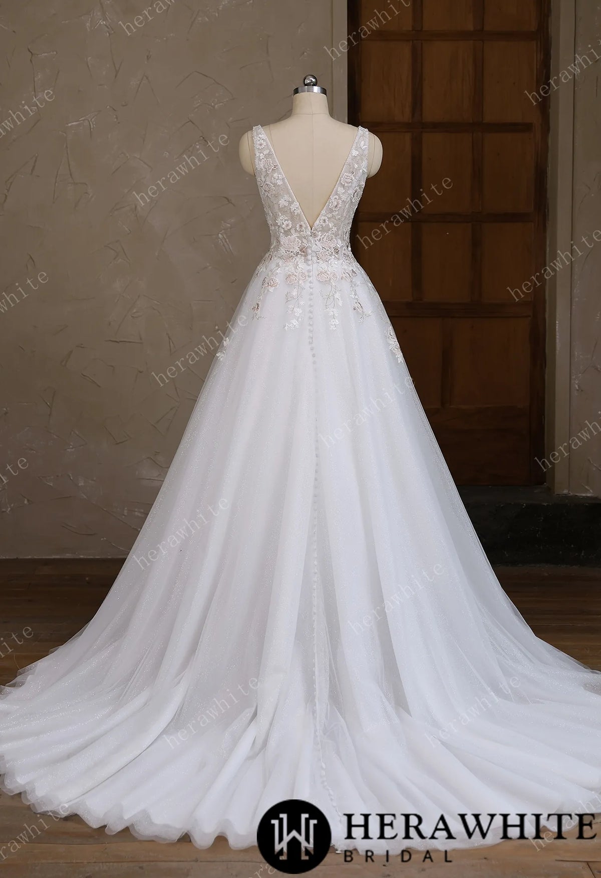 Colourful Lace Ball Gown With Plunging V-Neckline & Straps HW3693