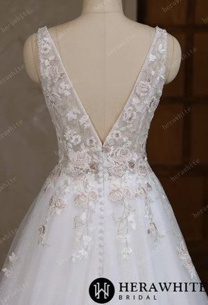 Colourful Lace Ball Gown With Plunging V-Neckline & Straps HW3693
