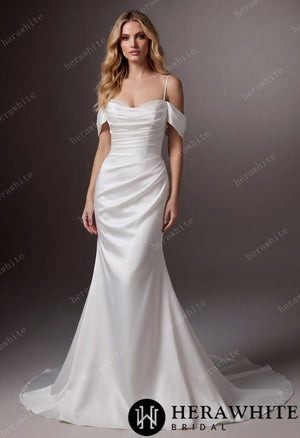 Draped Satin Fit-and-Flare Wedding Gown With Detachable Off-Shoulder Cape Sleeves & Beaded Neckline HW3695