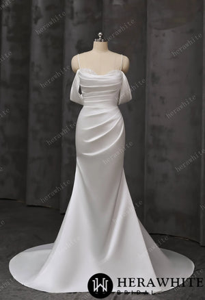 Draped Satin Fit-and-Flare Wedding Gown With Detachable Off-Shoulder Cape Sleeves & Beaded Neckline HW3695
