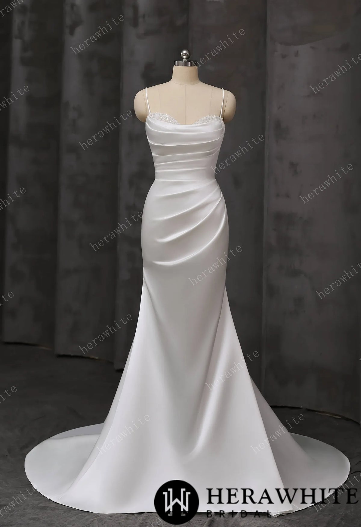 Draped Satin Fit-and-Flare Wedding Gown With Detachable Off-Shoulder Cape Sleeves & Beaded Neckline HW3695