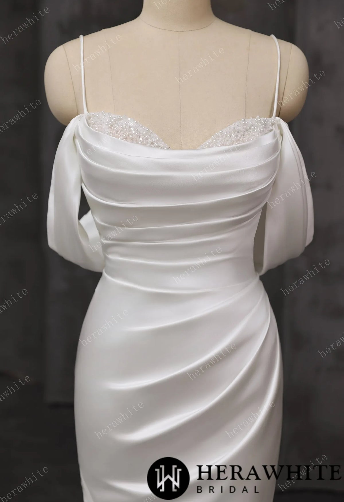 Draped Satin Fit-and-Flare Wedding Gown With Detachable Off-Shoulder Cape Sleeves & Beaded Neckline HW3695
