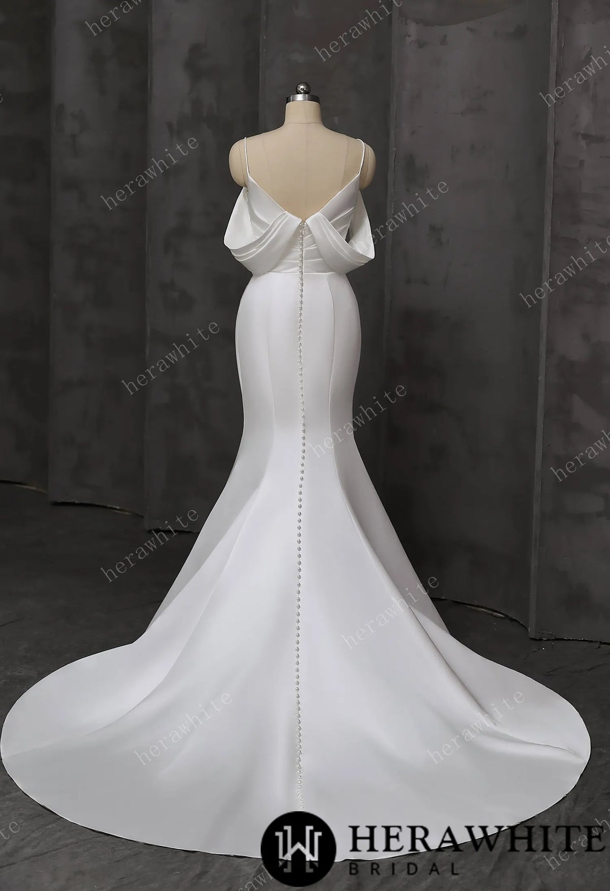 Draped Satin Fit-and-Flare Wedding Gown With Detachable Off-Shoulder Cape Sleeves & Beaded Neckline HW3695