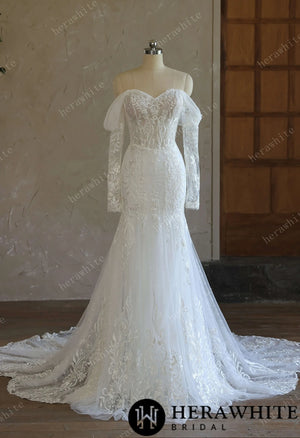 Sweetheart Lace Fit-and-Flare Wedding Gown With Detachable Off-Shoulder Sleeves & Scalloped Train HW3725